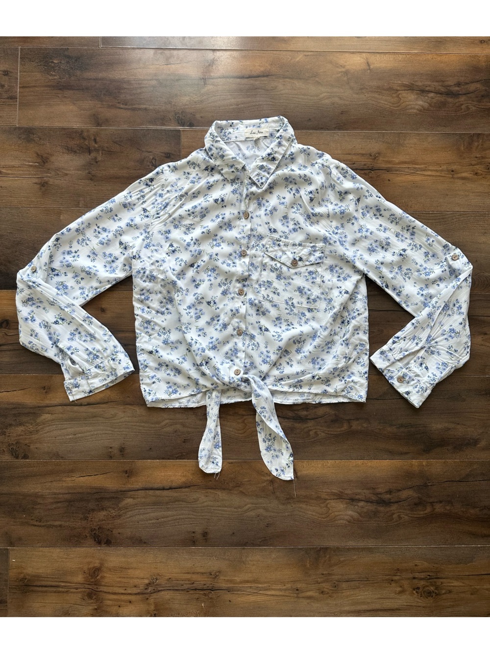 Love Notes Blue Floral Tie Front Button Up Crop Cottagecore Boho Top M